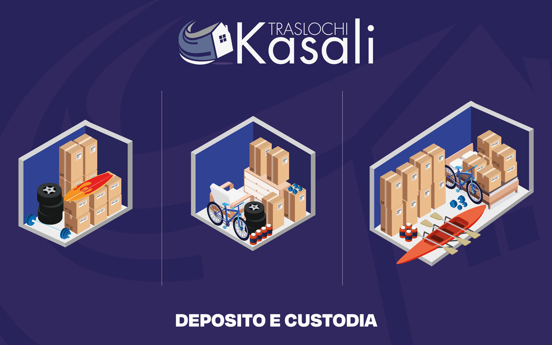 Soluzioni di deposito e custodia mobili di Kasali Traslochi con scatole, mobili e oggetti vari ben organizzati.